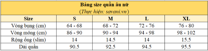 Bảng size quần Âu (quần tây) cho nữ