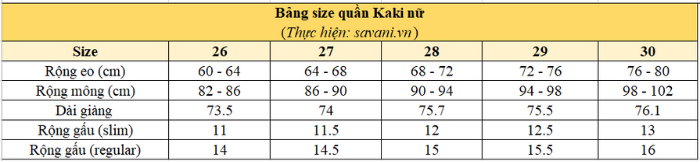 Bảng size quần Kaki nữ