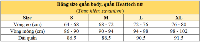 Bảng size quần Body, quần Heattech cho nữ