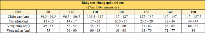 Bảng size quần cho trẻ em