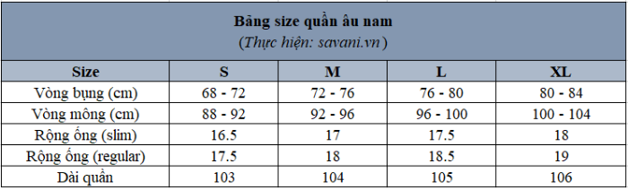 Bảng size quần Âu (quần tây) cho nam