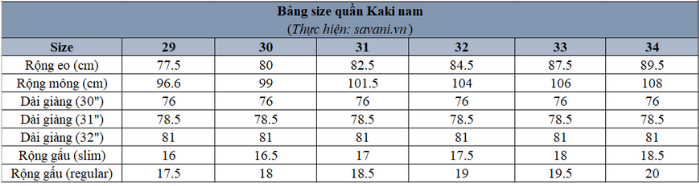 Bảng size quần Kaki nam