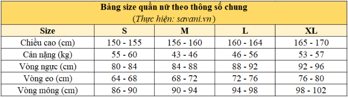 Bảng size quần nữ theo thông số kỹ thuật may mặc 