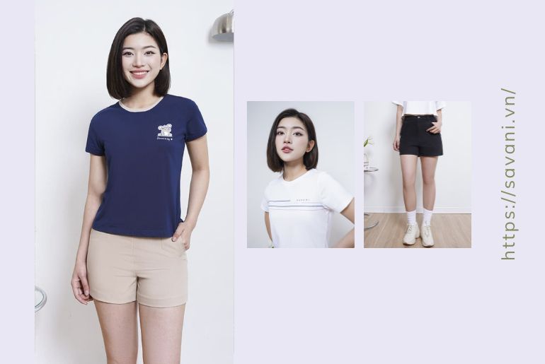 Áo thun trơn kết hợp cùng quần short jeans 