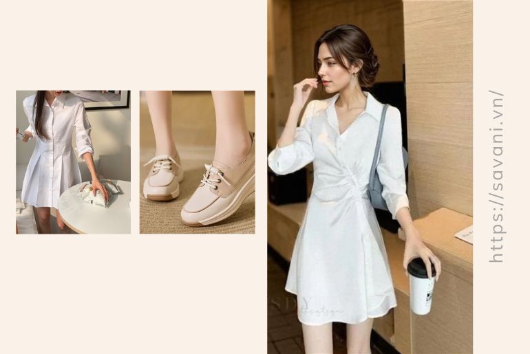 Đầm sơ mi đi cùng với giày sneakers